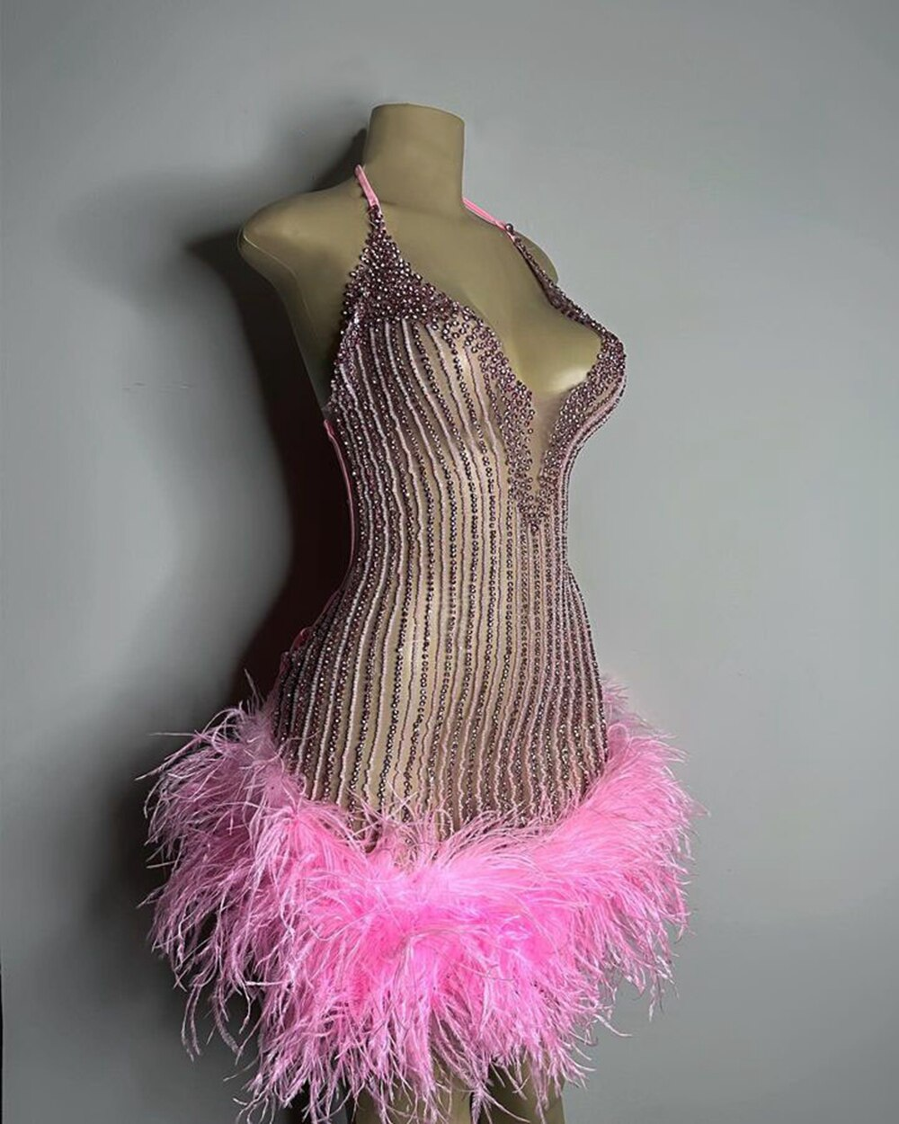 Vestidos formais de festa de aniversário femininos sensuais e transparentes, feitos à mão, com contas, penas rosa e pretas, vestidos curtos de baile para meninas