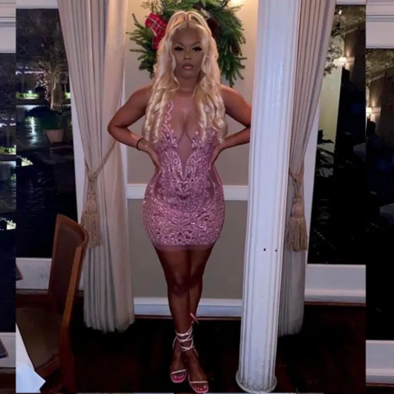 Vestidos de cumpleaños con diamantes de imitación rosas para niñas negras, vestidos cortos de fiesta con cuello transparente, vestidos de gala para fiesta