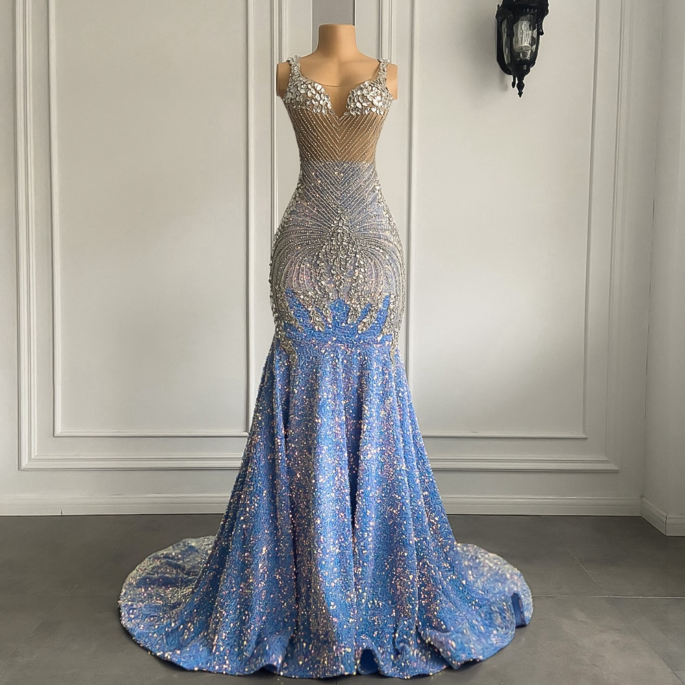 فساتين حفلات موسيقية طويلة فاخرة بتصميم حورية البحر مع كريستالات فضية وأزرق فاتح وأسود للفتيات