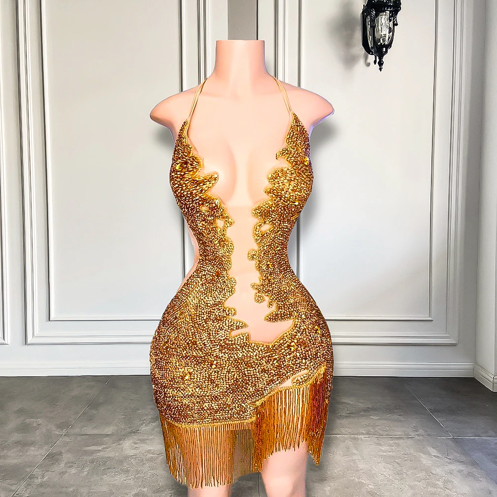 Robe de bal courte et sexy à dos nu et diamants scintillants pour filles, mini robe dorée et courte pour fête d'anniversaire