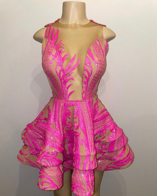 Lindos vestidos curtos de baile para meninas, transparentes, com decote redondo, rosa choque, lantejoulas, pretos, para festa de aniversário