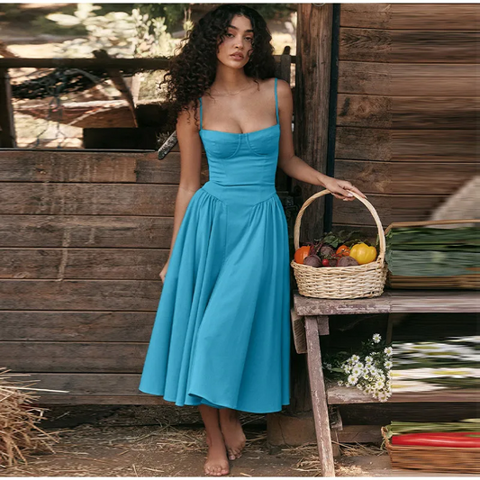 Vestido midi elegante com alças finas, sexy, costas nuas, sem mangas, bainha grande, bolsos, moda feminina, robes para festa e boate