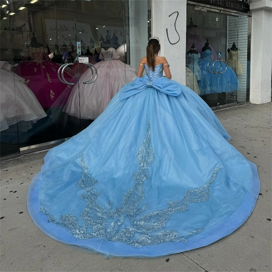 Off-Shoulder Shiny Ball Gown Elegant Sleeveless Quinceanera Dresses Classic 3D Flower Applique Sweet 16 Dress
