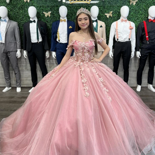فساتين Quinceanera الوردية المزينة بالزهور بدون الكتف ثلاثية الأبعاد مزينة بالدانتيل على شكل زهرة لحفلات أعياد الميلاد فستان حفلات فيستدوس دي 15 أنوس