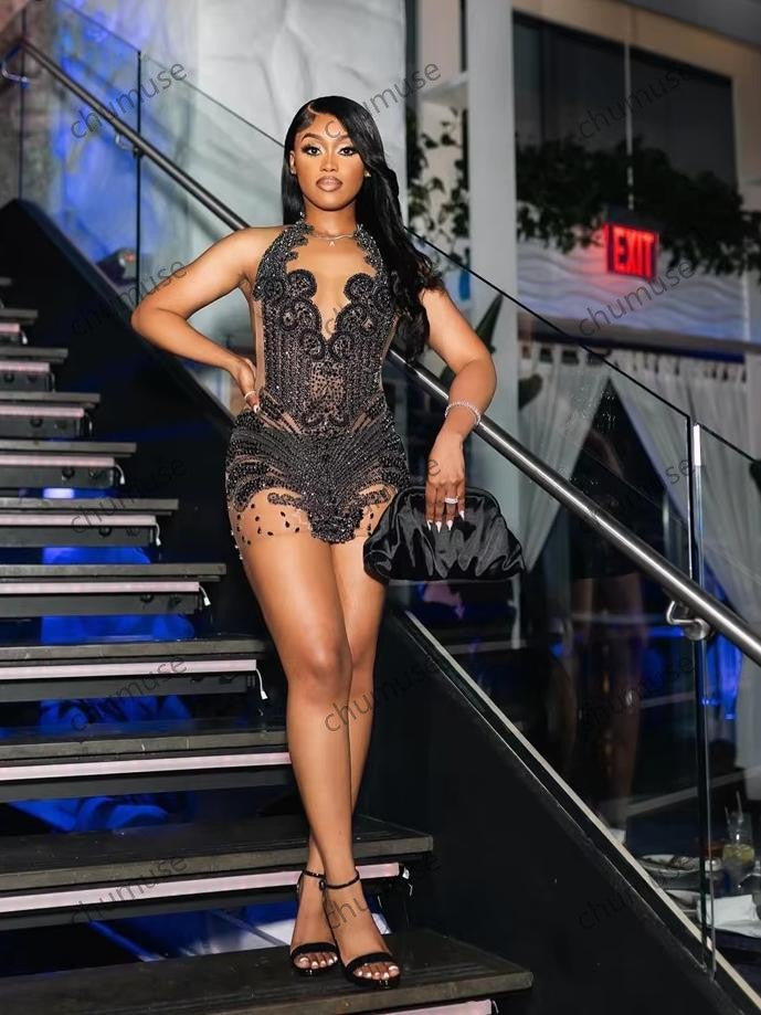 Robe de bal courte sexy et scintillante en diamants noirs, avec cristaux scintillants et strass, robe de cocktail pour fête d'anniversaire, robe de bal personnalisée