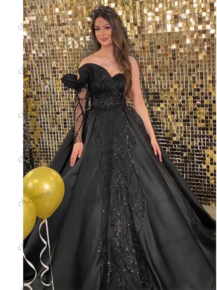 Robe de mariée noire à manches longues et décolleté en cœur, avec appliques et paillettes, robe de bal formelle et élégante