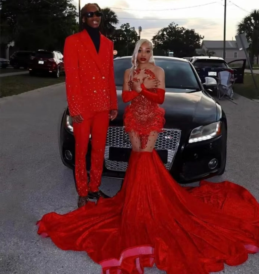 Robe de cocktail rouge scintillante pour filles noires, sexy, à paillettes et perles, robes de fête d'anniversaire, nouvelles robes de soirée avec gants en plumes et strass