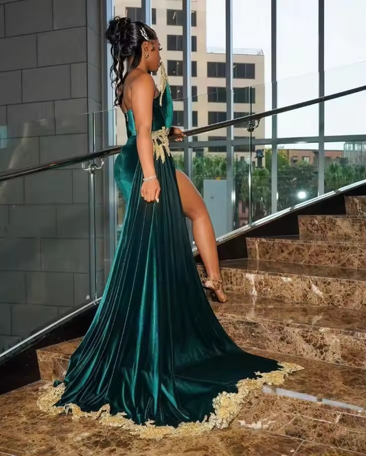 فستان سهرة رسمي مخملي باللون الأخضر الصياد للنساء، مزين بالخرز الذهبي، بفتحة، باللون الأسود، مناسب لحفلات أعياد الميلاد للفتيات
