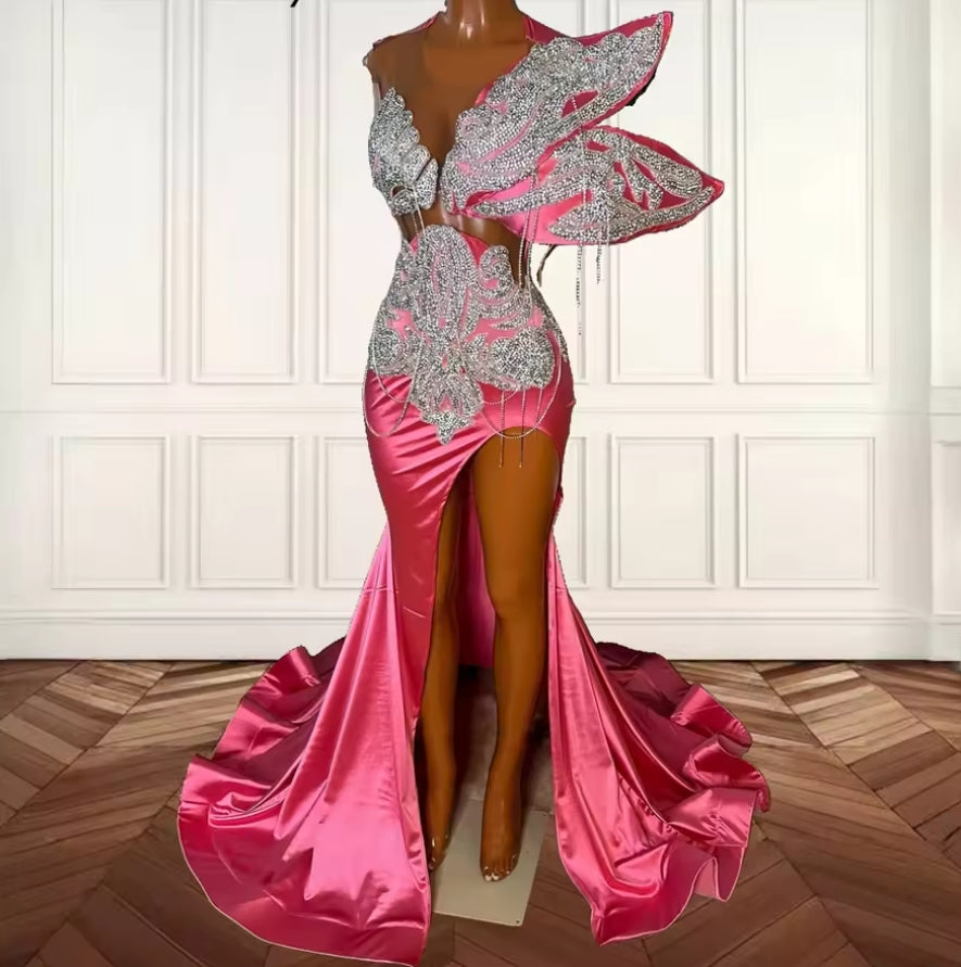 Hot Pink Tassel Prom Dresses Long Black Girls Mermaid High Split Party Gowns Bead Crystal O Neck Evening Dress Customized