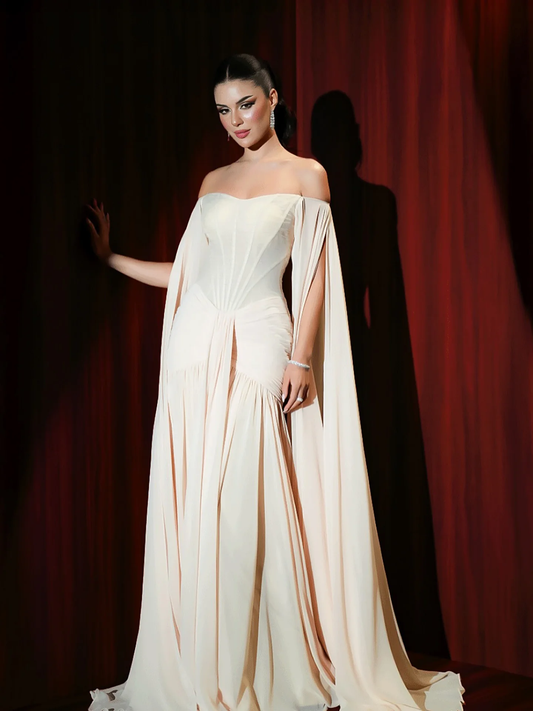 2026 Cream Chiffon A-Line Evening Dress With Cape Sleeves For Women Wedding Party Formal Occasion