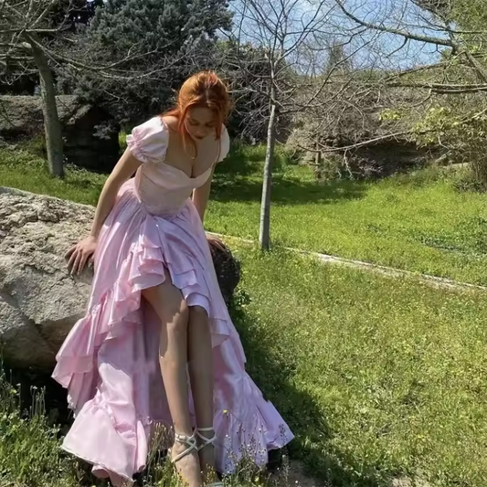 Vestidos de festa de formatura em formato de coração rosa, com babados, princesa destacável, costas nuas, de seda, com fenda, vestidos de noite formais