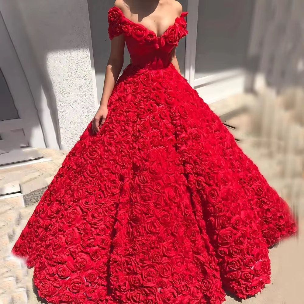 Vestidos de celebridades vermelhos luxuosos e elegantes, personalizados, longos, com decote em V, ombros de fora, flores rosas, vestidos de noite para tapete vermelho
