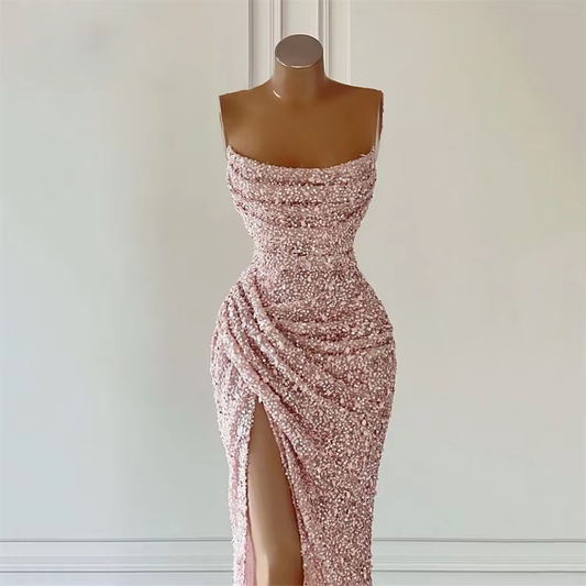 Vestidos de baile personalizados com glitter rosa, costas nuas, sem alças, fenda lateral, sereia, coquetel, festa