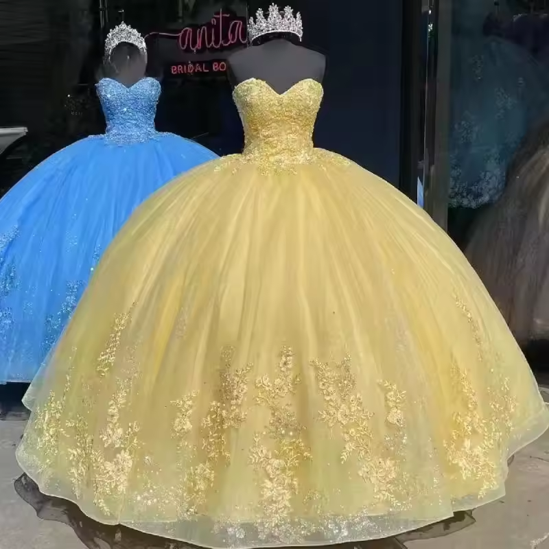 فساتين كوينسينيرا صفراء للأميرة Vestidos De 15 Anos فستان مثير على شكل قلب مزين بحفلات أعياد الميلاد حسب الطلب