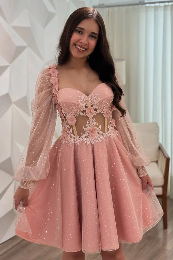 lantern sleeve homecoming dress A-Line Sweetheart Neck Long Sleeves Appliques season:Spring