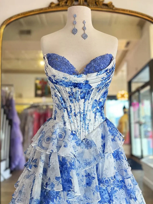 A Line Floral Blush Tiered Chiffon Long Corset Prom Dress with Slit