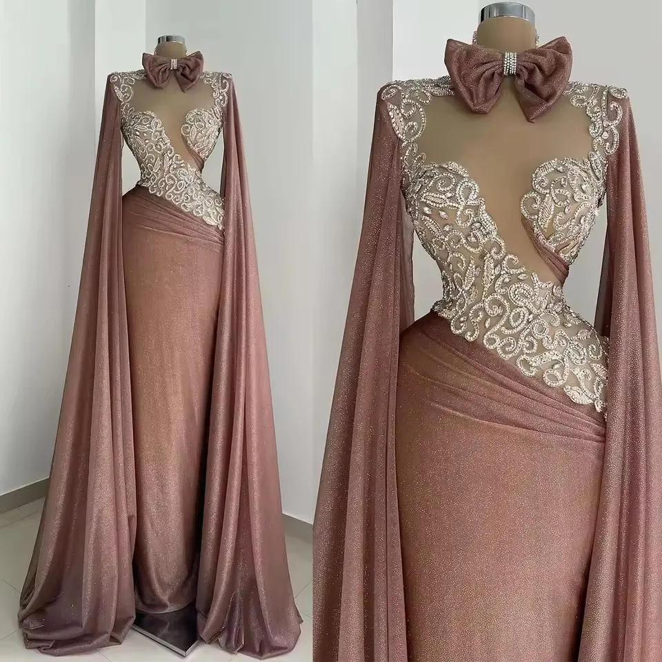 African Shiny Evening Dresses Crystal Beading Long Sleeve Prom Dresses Shiny Big Bow Show Events Party Gowns