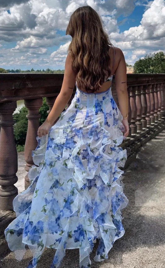 Blue Charming A-Line Spaghetti Strap Prom Dresses Party Dresses