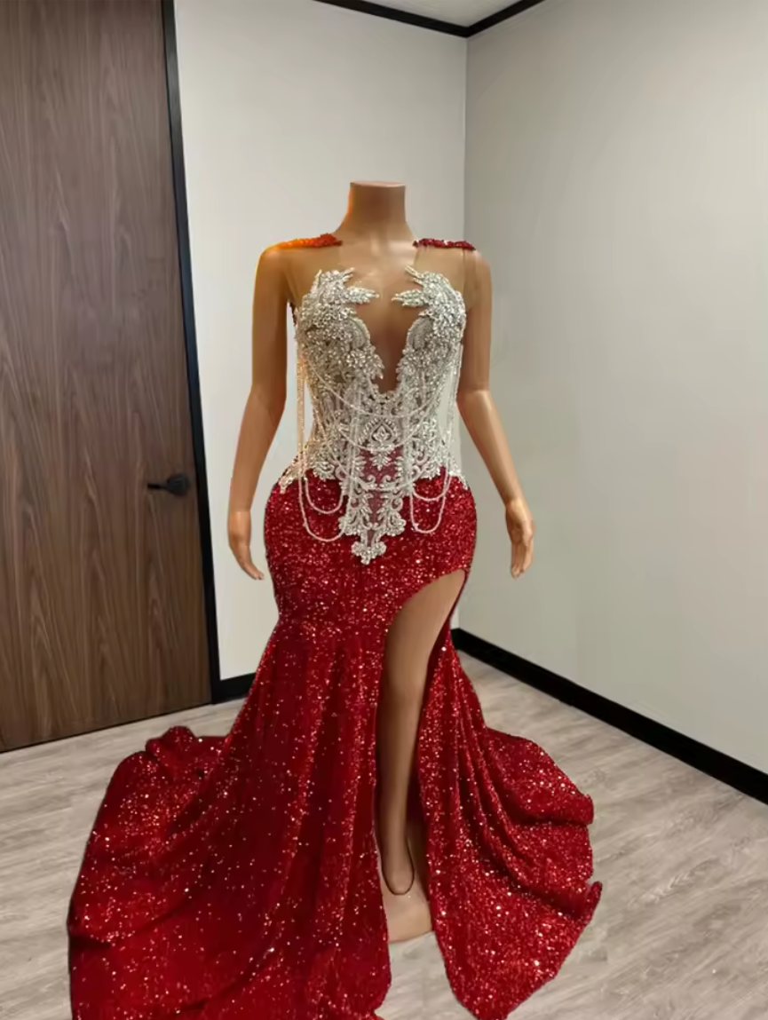 Customized Glitter Red Mermaid Prom Dress 2026 Black Girls Sequins Diamond Crystal Beaded Split Evening Birthday Party Gown
