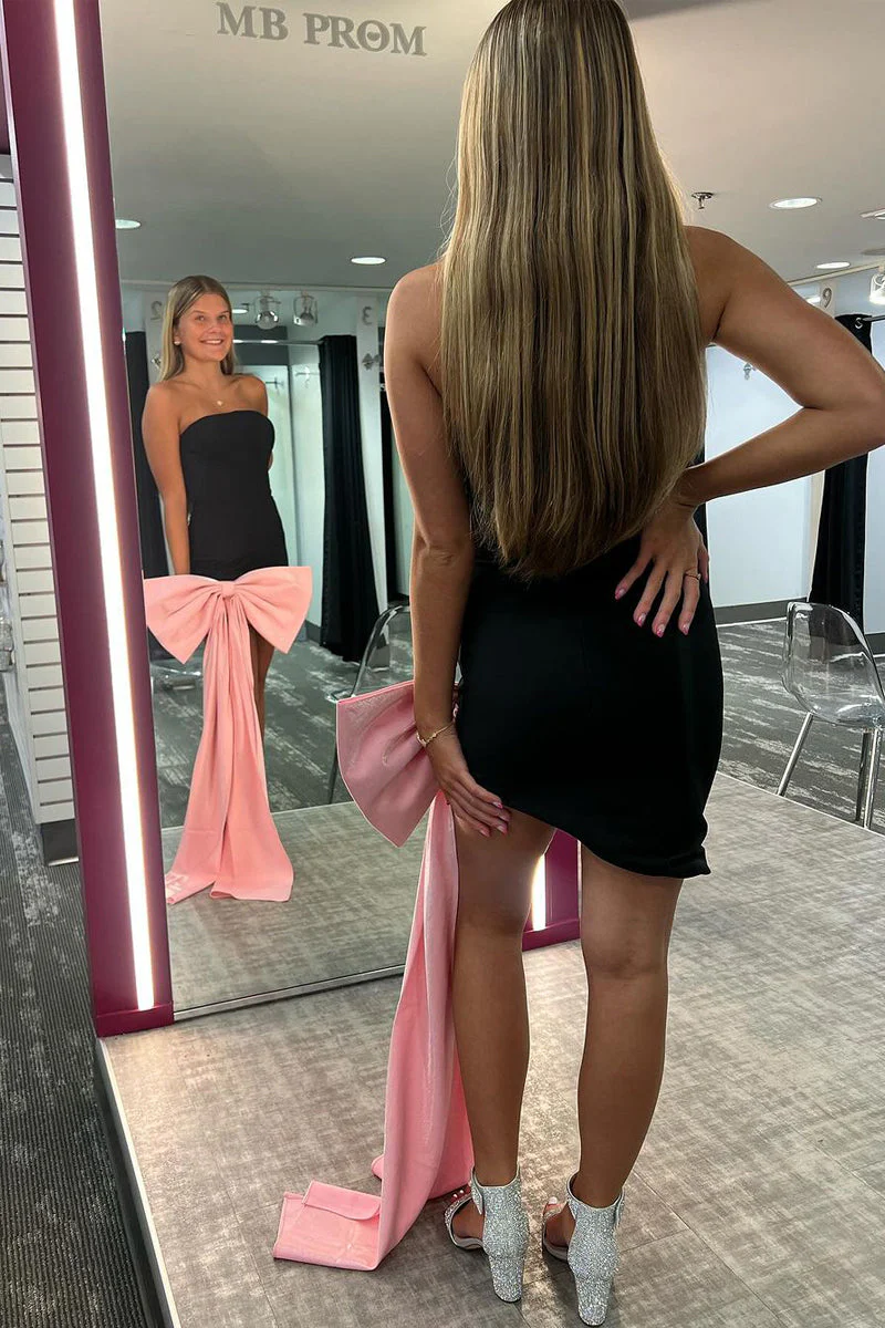 Cute Bodycon Black Satin Short Homecoming Dresses with Big Bow