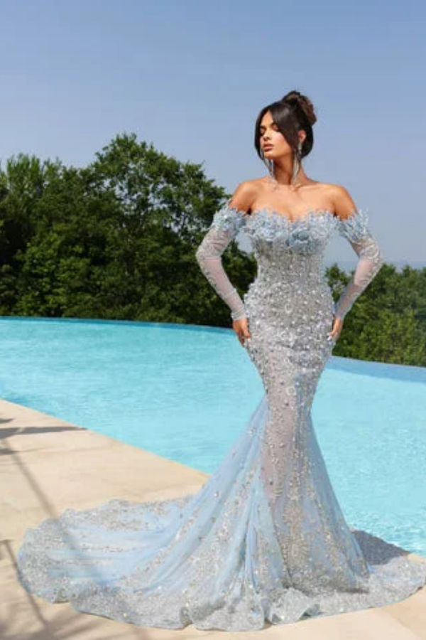 Elegant Bead Embroidery Strapless Sky Blue Vacation Mermaid Prom Dress