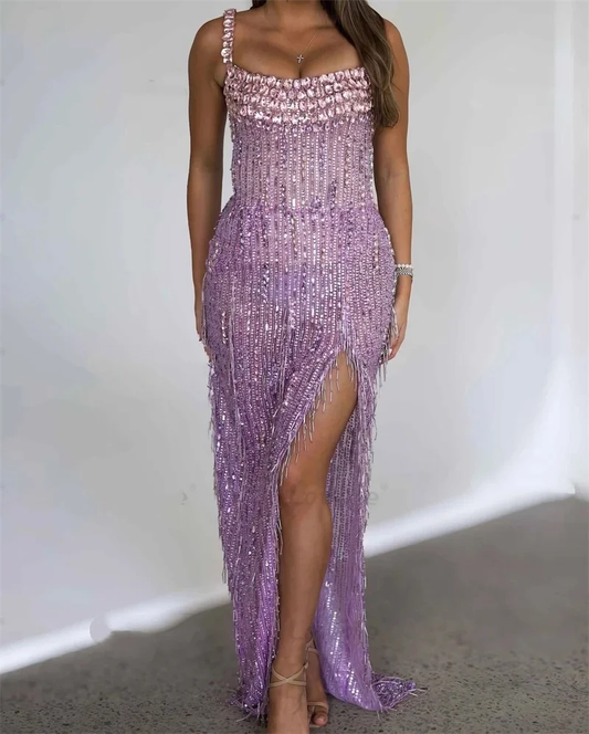 Gorgeous Evening Dresses For Women Square Neck Sleeveless Gown Split Side Crystal Sequins Tassel Dress Party Customized Dress