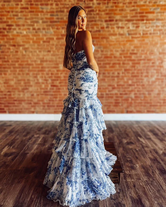 Mermaid Chiffon Ruffled Floral Print Long Prom Dresses Sweetheart Keyhole Party Gowns