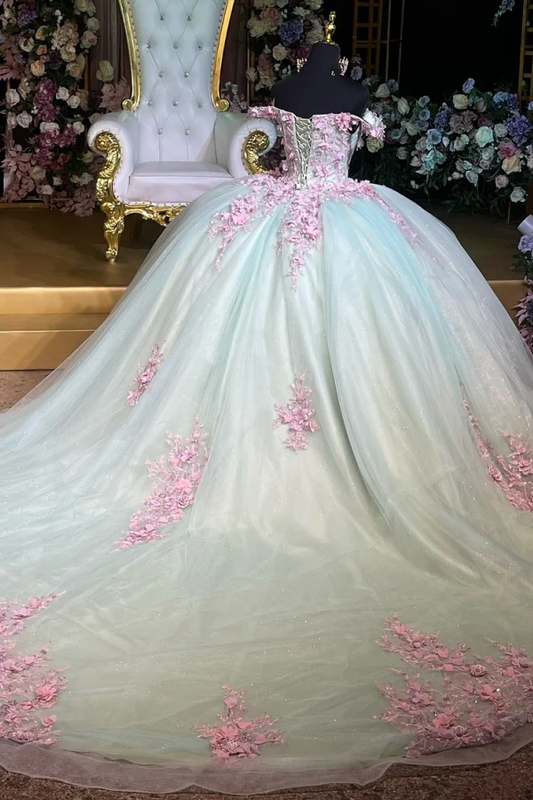 Off Shoulder Sleeveless 3D Pink Flowers Appliques Mint Green Quinceanera Dress
