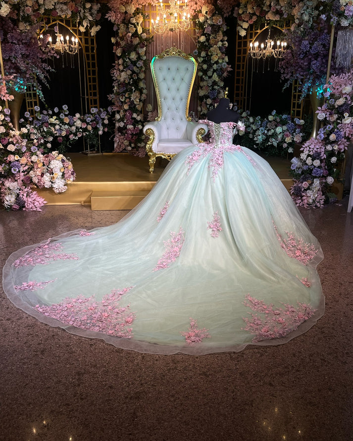 Off Shoulder Sleeveless 3D Pink Flowers Appliques Mint Green Quinceanera Dress