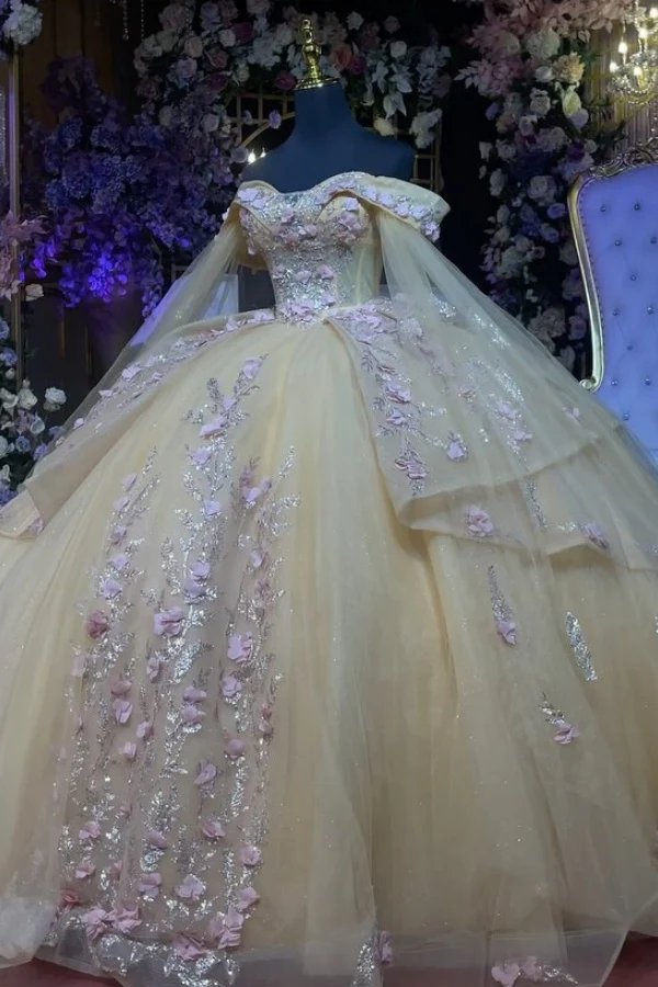 Off Shoulder Sleeveless Beaded 3D Flowers Appliques Champagne Quinceanera Dress