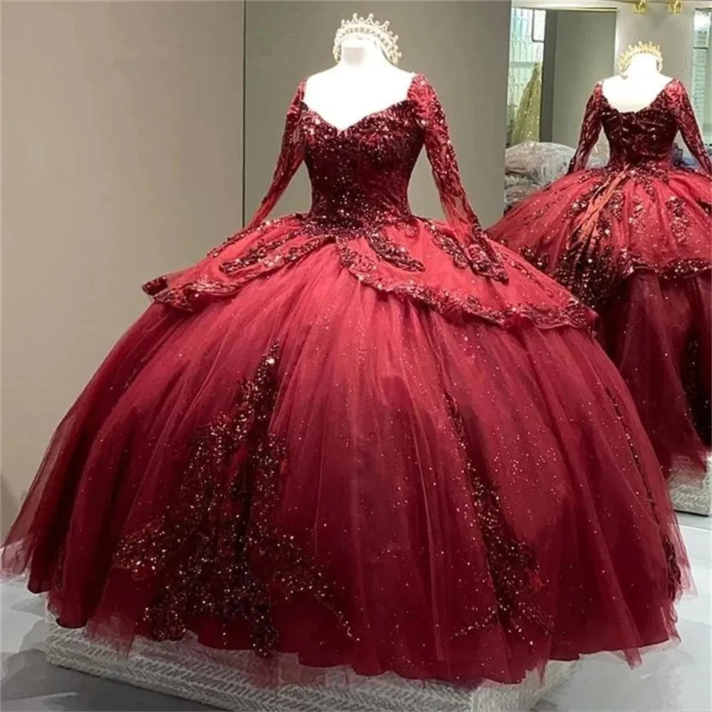 فساتين كوينسينيرا براقة بأكمام طويلة باللون العنابي للأميرة من Vestidos De 15 Anos من الدانتيل لحفلات أعياد الميلاد السادسة عشرة