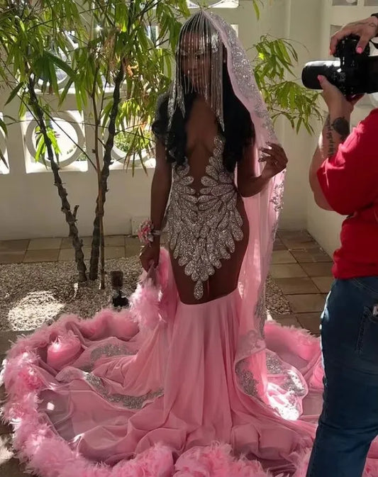 Vestido longo de sereia rosa brilhante, vestido formal de noite, luxuoso, com penas de diamante, malha transparente, tamanho personalizado, para baile de aniversário, gala