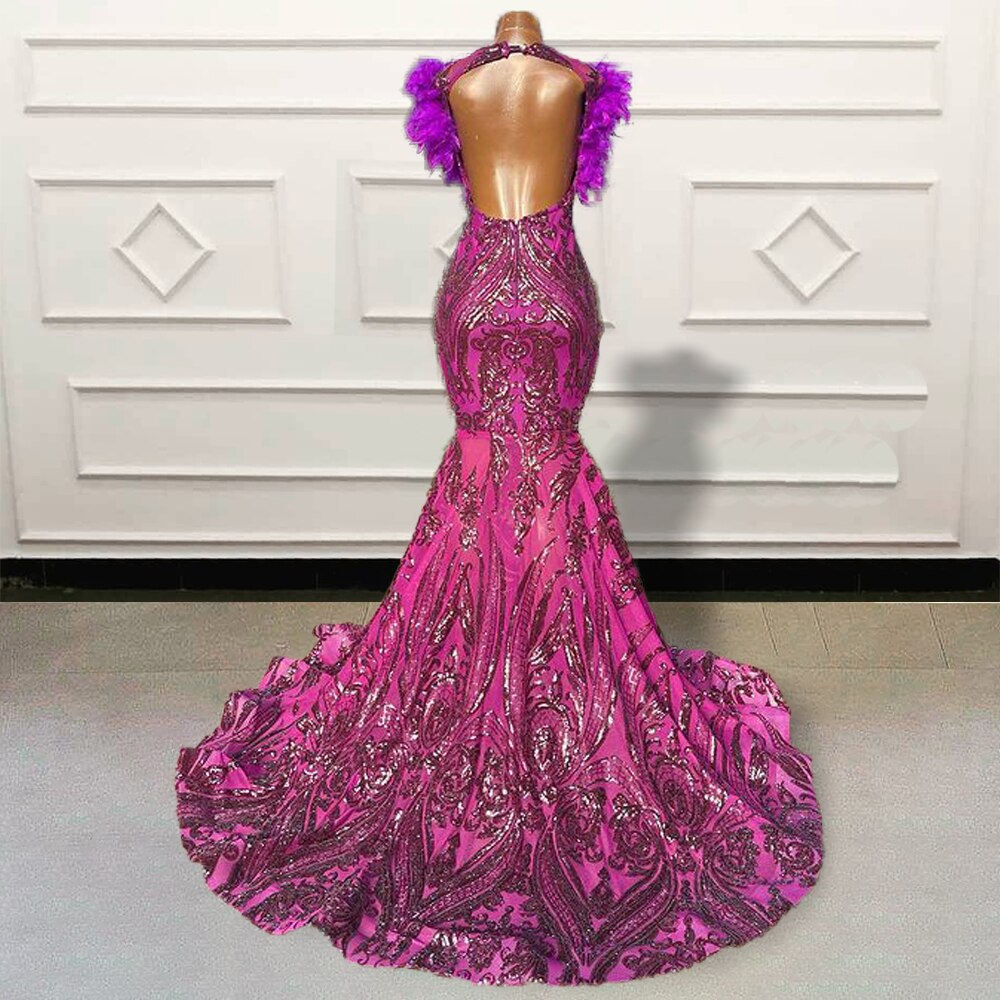 Vestidos de fiesta largos de sirena de lujo para niñas negras con lentejuelas brillantes y plumas, sin espalda, vestido de noche formal para mujer para fiesta de graduación