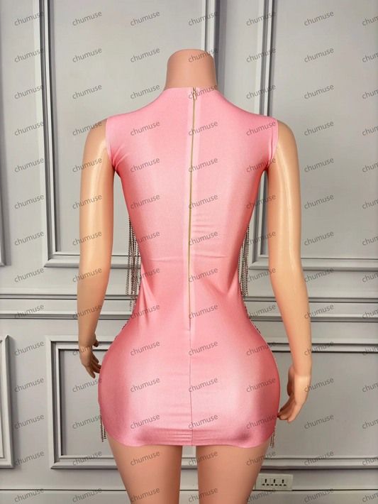 Vestidos de baile curtos de strass rosa luxuosos, malha transparente sexy, miçangas de diamante