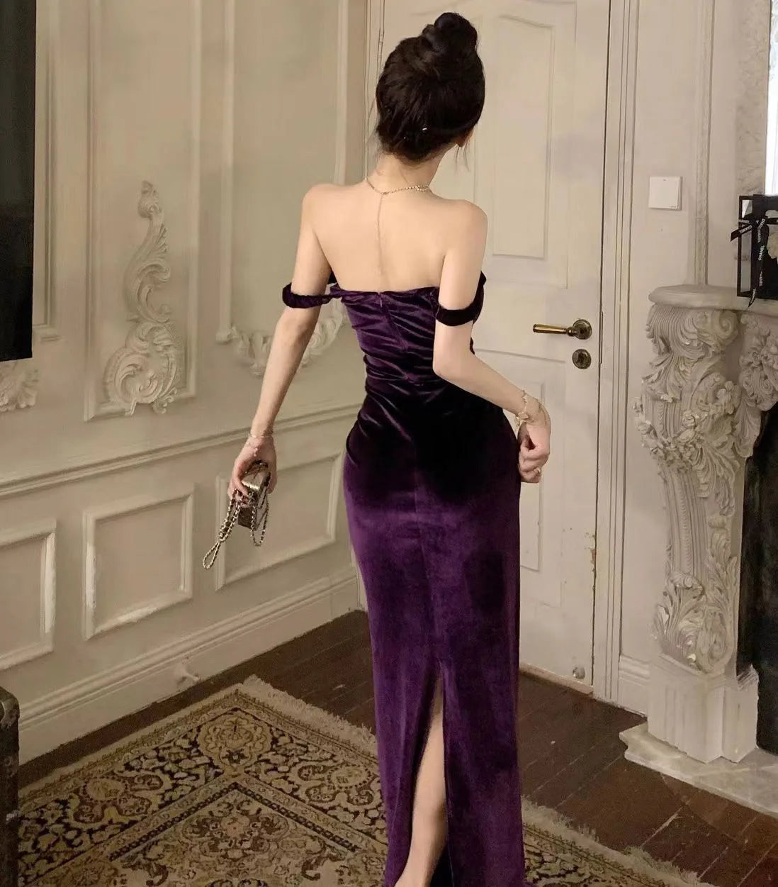Robe longue une pièce en velours sans manches, robe violette élégante pour femme, robe de soirée longue