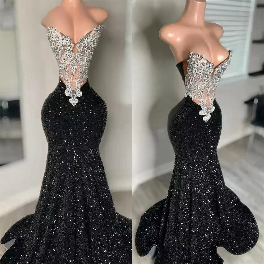 Vestido de baile longo sereia com brilhantes, preto, com strass e lantejoulas, lantejoulas e cristais brilhantes, robe personalizado