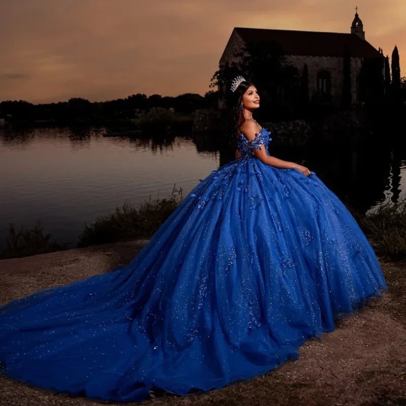 Vestidos de quinceanera azul royal brilhantes, ombro de fora, apliques de tule, vestido de baile, festa de aniversário, vestidos de baile personalizados e fofos