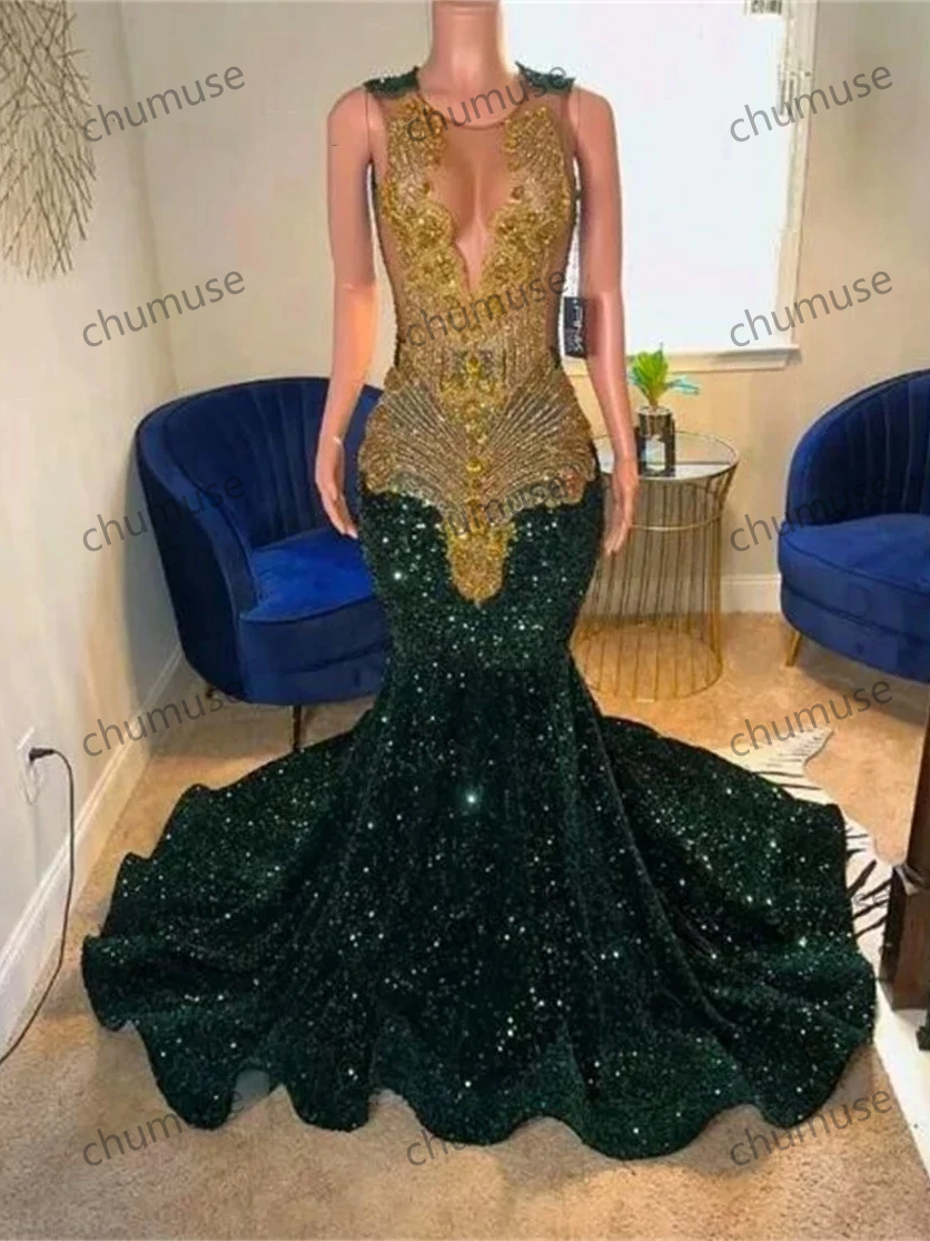 Vestido de fiesta de sirena con lentejuelas verdes, cuentas de cristal dorado y malla transparente sexy