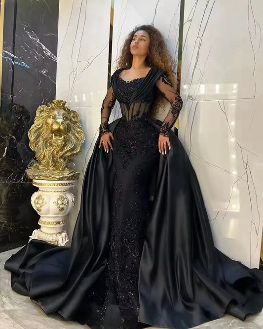 Elegantes vestidos de fiesta de graduación de satén negro para mujeres africanas con cola de sobrefalda 2025, mangas largas, vestidos formales de noche para ocasiones especiales, hechos a medida.