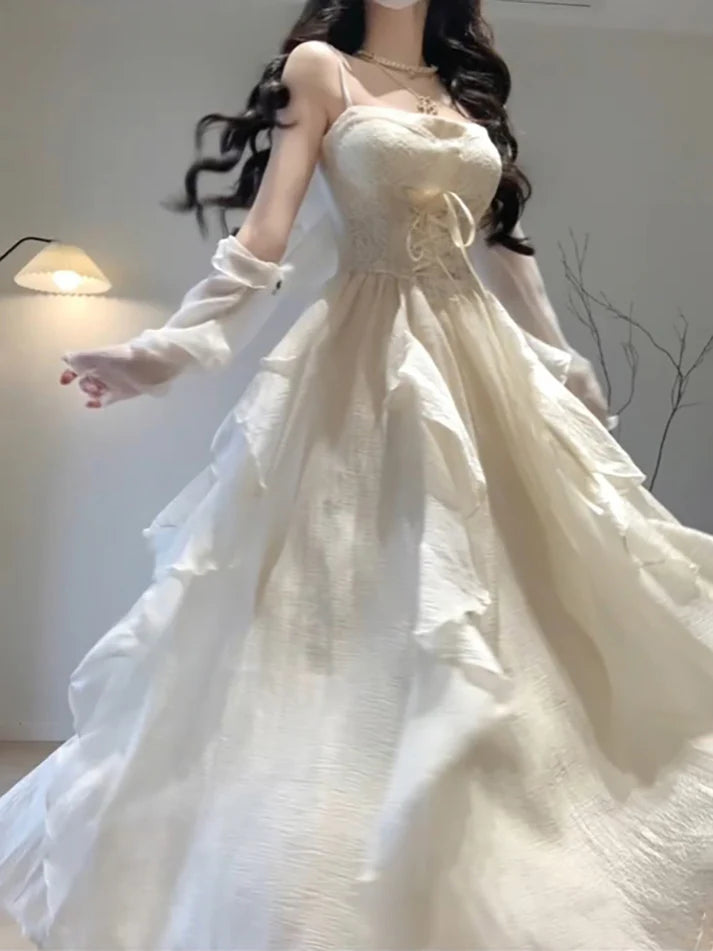 Robe vintage trapèze à bretelles spaghetti ivoire pour fêtes, anniversaires