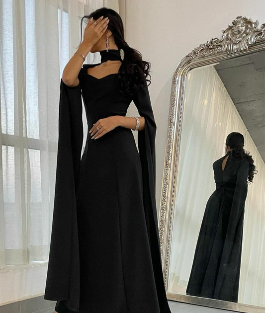 فساتين سهرة سوداء حورية البحر، فستان حفلات طويل، شال، فستان حفلات على شكل قلب، فتحة جانبية