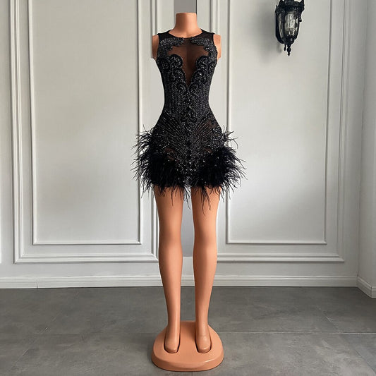 Vestido de aniversário feminino luxuoso com diamantes rosa, sexy, transparente, com penas, para ocasiões formais, coquetel, preto, curto, para baile de formatura