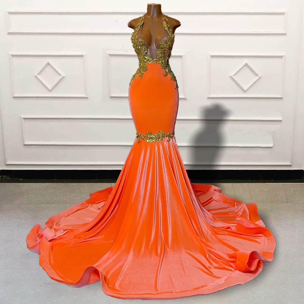 Vestido longo de baile sereia laranja com renda dourada para festa de formatura, sexy, transparente, sem costas, feminino, vestido formal personalizado para noite