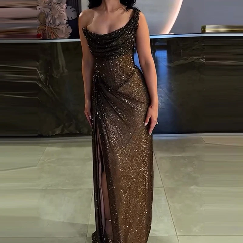 Sexy Elegant Full Length High Split Party Dress Chic Girdling Banquet Maxi Dress Luxury Women One Shoulder Glitter Slim Dress