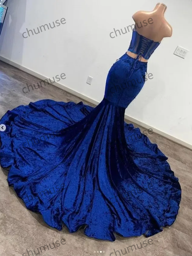 Vestido de fiesta africano de sirena azul para mujer, personalizado, de lujo, con cuentas transparentes