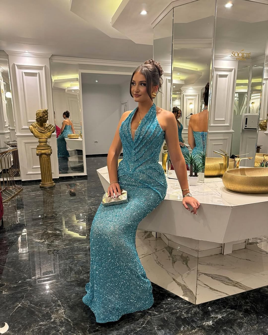 Sleeveless Halter Straps Deep V-Neck Beads Mermaid Prom Dress With Pleated