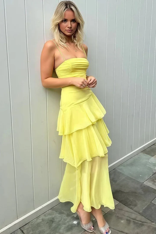 Yellow Spaghetti Straps Layered Sleeveless Long Party Prom Dress