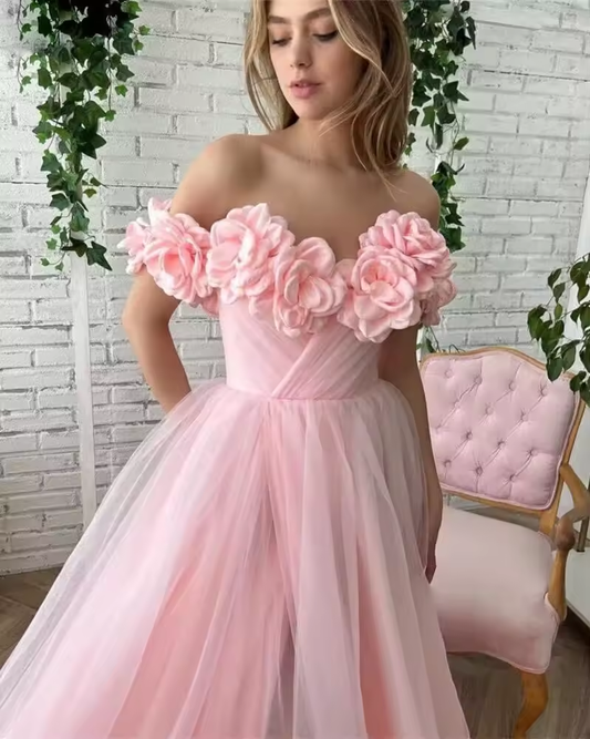 Peach Pink Flowers Off the Shoulder Graduation Dresses Tulle A-line 3D Flower Side Slit Floor-Length Prom Dress Teen's Ball Gown