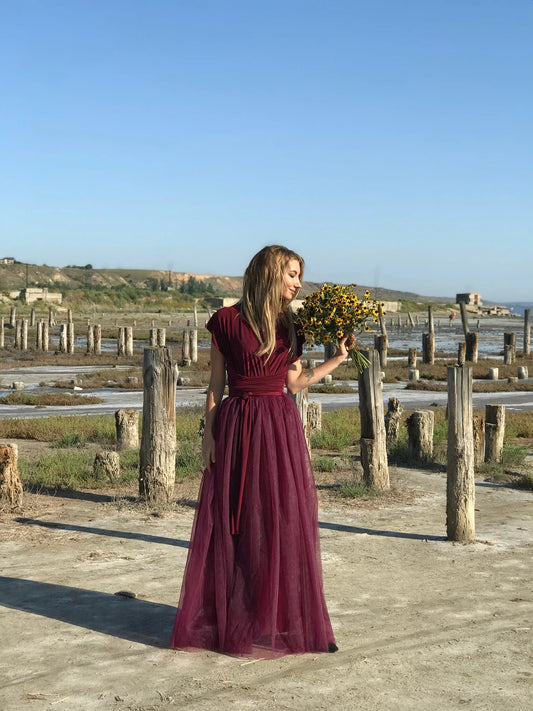 Vestido de fiesta largo burdeos, Vestido de novia de tul, Vestido de noche formal, Vestido maxi infinito, Vestido de fiesta de graduación, Vestido de dama de honor
