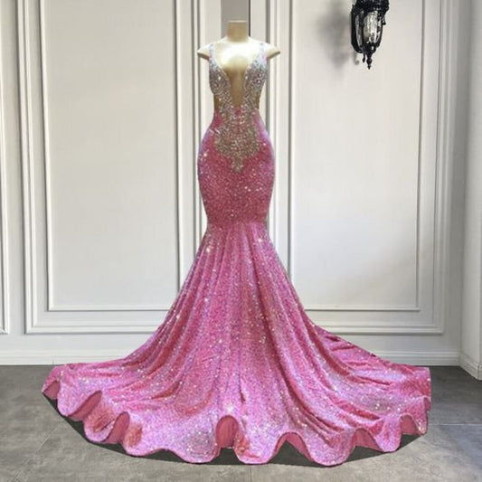 Vestido sereia rosa com detalhes, sem mangas, gola redonda, vestido longo para baile, vestido para meninas negras, vestido de noiva, vestido para recepção, frete grátis